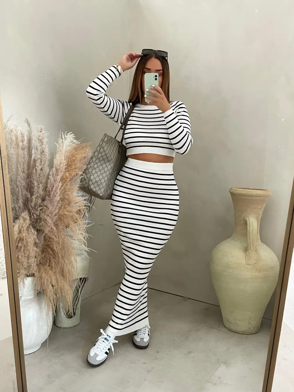 DEMMI WHITE STRIPE KNITTED SKIRT SET