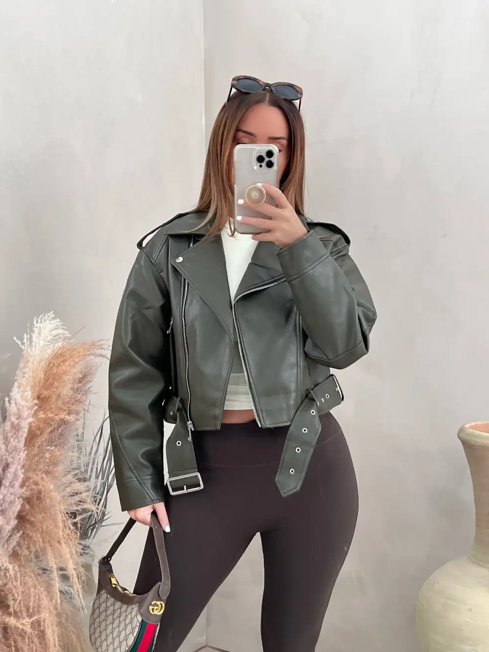 OLIVIA KHAKI VEGAN LEATHER JACKET